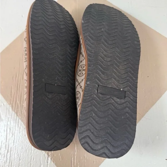 Tory Burch Beige and Tan Logo Canvas Slip-On Loafers - Picture 3 of 4